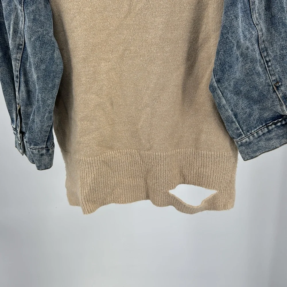 Entro Tan V-Neck denim sleeve contrast distressed sweater casual mixed material - Picture 4 of 13